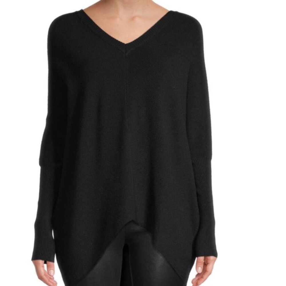 Larry Levine Black Oversized V Neck Rib Knit Sweater, size Large